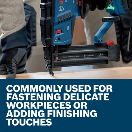 Bosch 18 GA Brad Nailer, couramment utilisé pour fixer des pièces délicates ou pour les finitions.