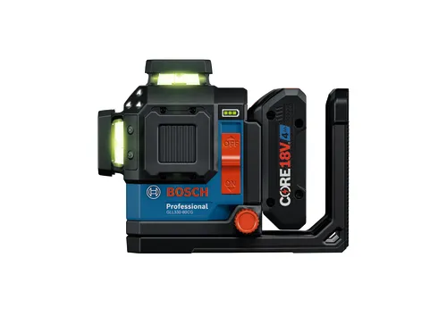 Niveau laser Bosch Professional GLL330-80CG, batterie CORE18V 4 Ah, avec commandes "OFF" et "ON".