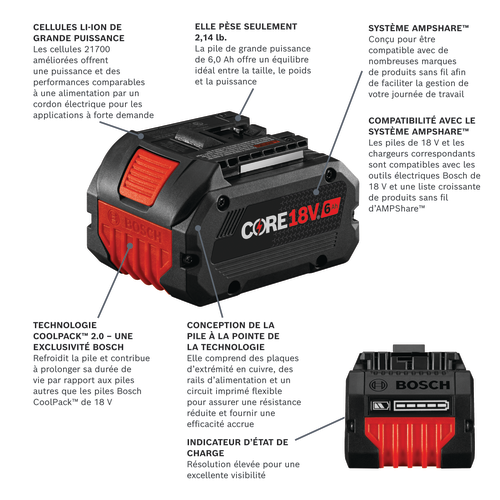 Batterie AMPShare modèle GBA18V60 en vue panoramique.