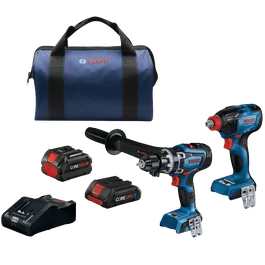 Articles de marque Bosch : un sac, deux perceuses (GSB18V-1330C, GDX18V-1860C), des batteries (CORE18V) et un chargeur.