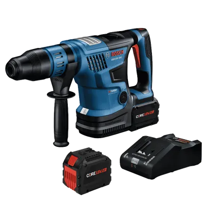 Bosch GBH18V-36C marteau perforateur sans fil, batteries CORE18V et chargeur ; avec marquages "TURBO BRUSHLESS", "Boschhammer", "CORE18V 12Ah" et "ACTIVE AIR COOLING".