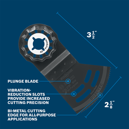 Bosch OSL218F BIM Lame plongeante polyvalente 3 1/2" x 2 1/8" avec fentes de réduction des vibrations et bord de coupe bimétal pour applications polyvalentes.