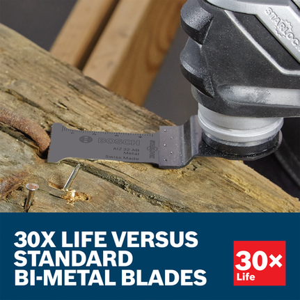 Lame AIZ 32 AB Metal Swiss Made Bosch pour la coupe du bois ; le texte indique « DURÉE DE VIE 30X SUPÉRIEURE AUX LAMES BIMÉTAL STANDARD ».