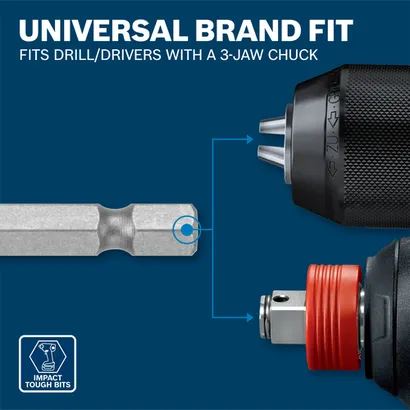 UNIVERSAL BRAND FIT, compatible avec les perceuses-visseuses à mandrin 3 mors, Embouts Impact Tough.