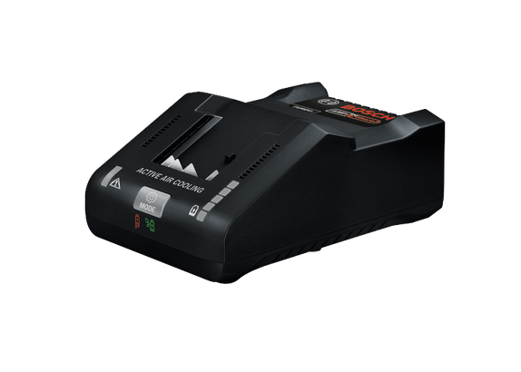 Chargeur Bosch AMPShare avec texte "TURBO" et "ACTIVE AIR COOLING", avec voyants indicateurs d'alimentation et de mode.