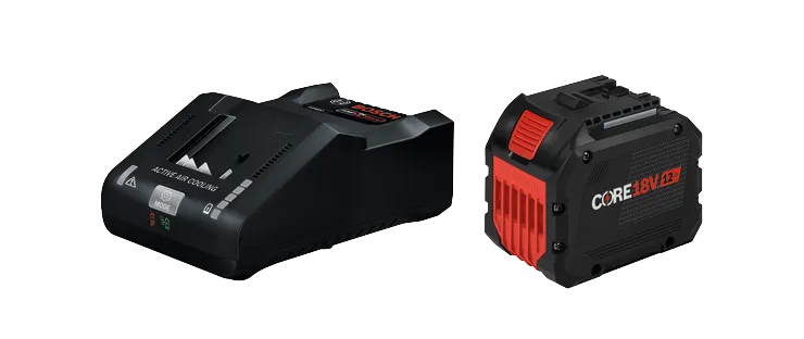Chargeur Bosch avec 'ACTIVE AIR COOLING' et boutons 'MODE', et batterie CORE18V 12Ah.