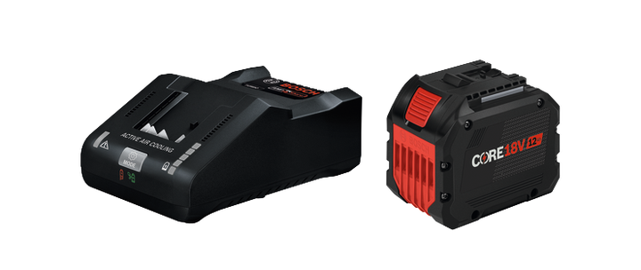 Chargeur Bosch avec 'ACTIVE AIR COOLING' et boutons 'MODE', et batterie CORE18V 12Ah.