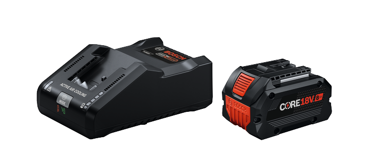 Turbocompresseur Bosch avec REFROIDISSEMENT À AIR ACTIF et AMP Share, et une batterie CORE18V 8Ah.