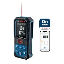 Bosch BLAZE mesure laser affichant 164' 6" 13/32, avec un logo d'application "On", et smartphone affichant les mesures de la pièce.