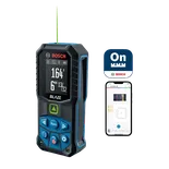 Bosch BLAZE télémètre laser, affichant une mesure de 164' 6" 13/32, associé à un smartphone affichant un plan de pièce dans l'application "Living Room Edit".