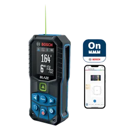 Bosch BLAZE télémètre laser, affichant une mesure de 164' 6" 13/32, associé à un smartphone affichant un plan de pièce dans l'application "Living Room Edit".
