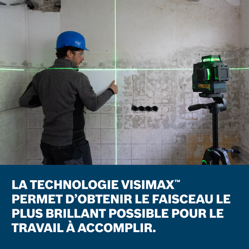 Voici la traduction :

Personne portant un casque de sécurité et des lunettes de protection, utilisant un niveau laser vert pour aligner un carreau ; texte : LA TECHNOLOGIE VISIMAX™ PERMET D'OBTENIR LE FAISCEAU LE PLUS BRILLANT POSSIBLE POUR LE TRAVAIL À ACCOMPLIR.