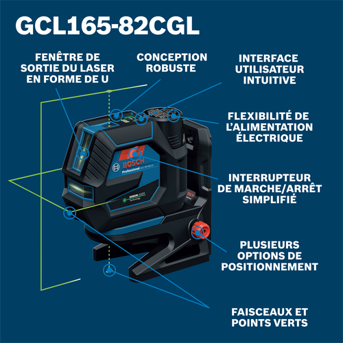 Bosch green beam line laser model GCL165-82CGL product walkaround in french.