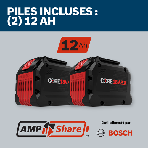 Image des batteries Bosch AMPShare 12 Ah présentant l’outil inclus dans la boîte.