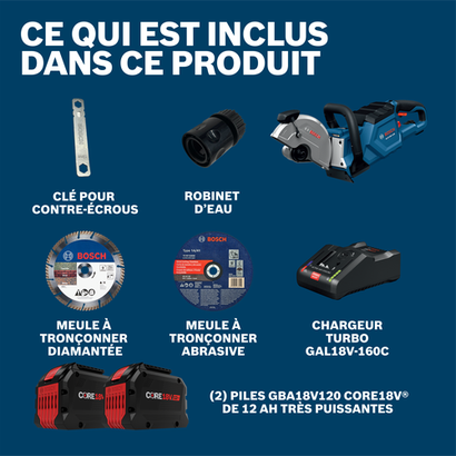 Bosch cut off saw GCS18V-230N212 product image showcasing included items and accessories in box.