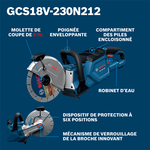 Bosch cut off saw model GCS18V-230N212 product image on walkaround view.
