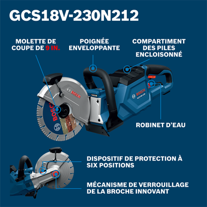 Bosch cut off saw model GCS18V-230N212 product image on walkaround view.