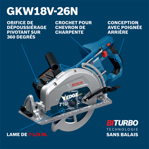 Bosch circular saw GKW18V-26N product image on walkaround view.