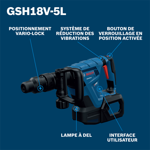 Bosch demolition hammer model GSH18V-5L product image on walkaround view.