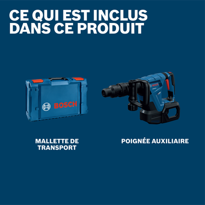 Image produit du marteau-piqueur Bosch GSH18V-5L présentant les éléments et accessoires inclus dans la boîte.