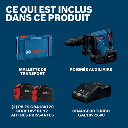 Image produit du marteau-piqueur Bosch GSH18V-5L212 présentant les éléments et accessoires inclus dans la boîte.