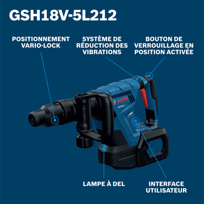 Bosch demolition hammer model GSH18V-5L212 product image on walkaround view.