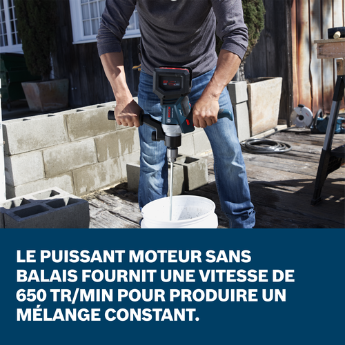 Images d’application du mélangeur Bosch présentant les principales caractéristiques de l’outil.
