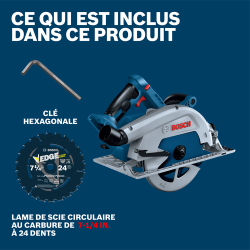 Bosch GKS18V-25GN circular saw product image showcasing included items and accessories in box.