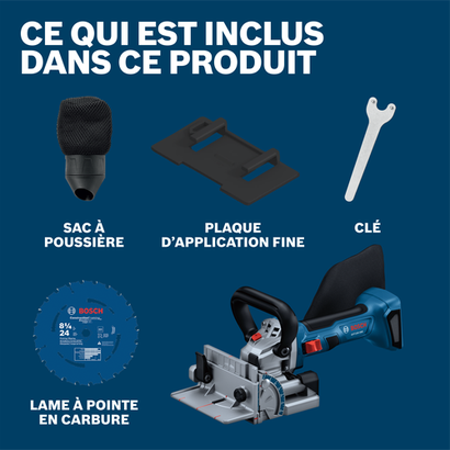 Bosch biscuit joiner product image showcasing included items and accessories in box.