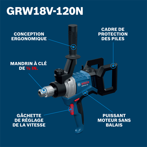Bosch mud mixer model GRW18V-120N product image on walkaround view.