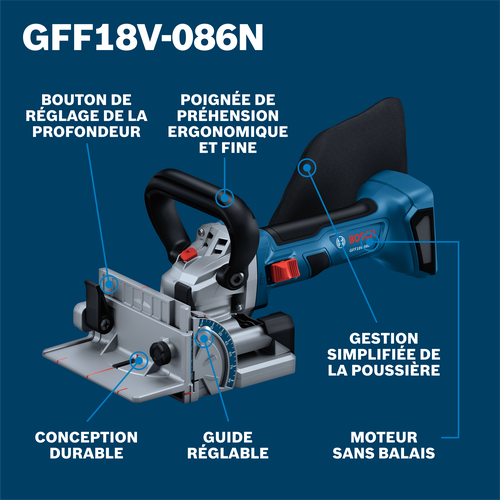 Bosch biscuit joiner model GFF18V-086N product image on walkaround view.