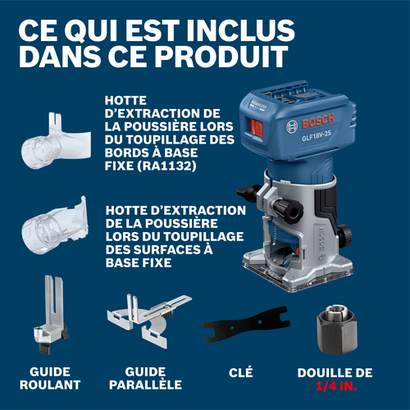 Bosch trim router model GLF18V-25N product image showcasing included items and accessories in box.