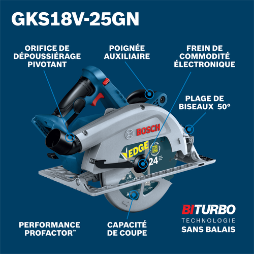 Bosch GKS18V-25GN circular saw product image on walkaround view.