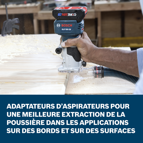 Bosch GLF18V-25N trim router application images showcasing the main features of the tool.