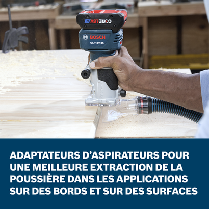 Bosch GLF18V-25N trim router application images showcasing the main features of the tool.