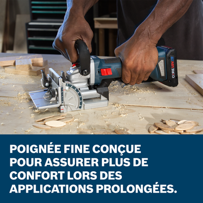 Bosch biscuit joiner GFF18V-086N application images showcasing the main features of the tool.