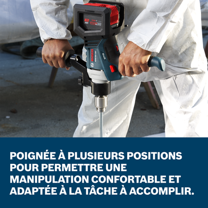 Bosch GRW18V-120N mud mixer application images showcasing the main features of the tool.