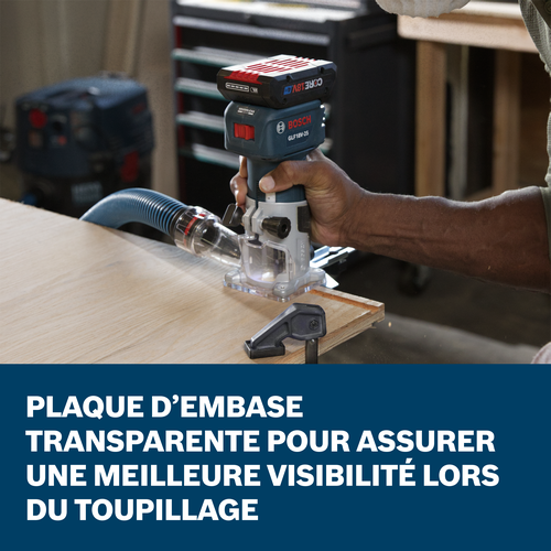 Bosch GLF18V-25N trim router application images showcasing the main features of the tool.