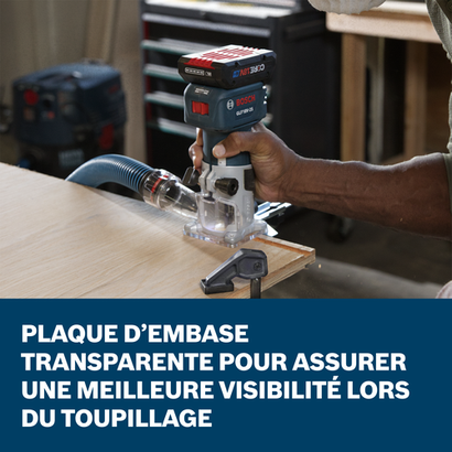 Bosch GLF18V-25N trim router application images showcasing the main features of the tool.