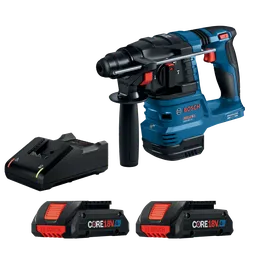 Bosch GBH18V-22 BULLDOG marteau perforateur rotatif avec deux batteries CORE18V 4Ah et chargeur.