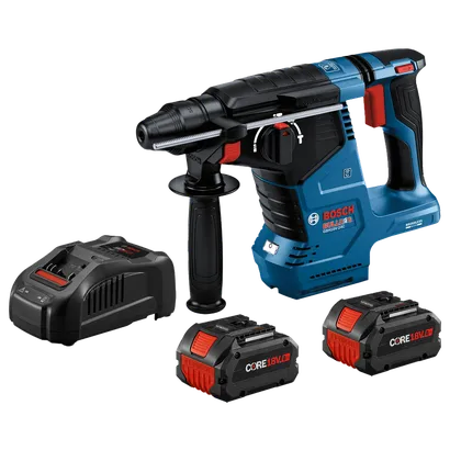 Perfeitamente. Aqui está a tradução:

Perforateur burineur Bosch BULLDOG GBH18V-24C, avec chargeur et deux batteries CORE 18V.