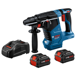 Perfeitamente. Aqui está a tradução:

Perforateur burineur Bosch BULLDOG GBH18V-24C, avec chargeur et deux batteries CORE 18V.