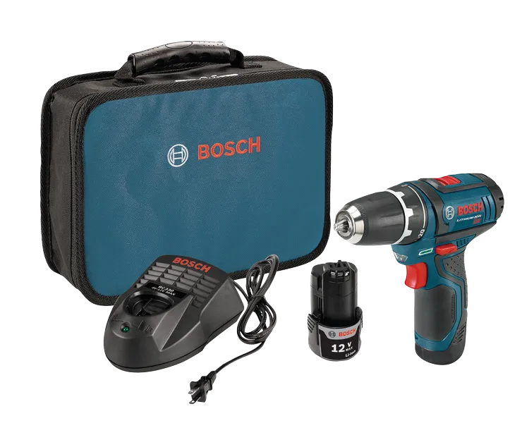 Perceuse Bosch, chargeur BC330 4V-12V MAX, batterie 12 V Li-Ion et coffret de transport.