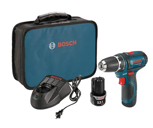 Perceuse Bosch, chargeur BC330 4V-12V MAX, batterie 12 V Li-Ion et coffret de transport.