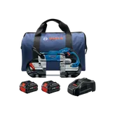 Scie à ruban Bosch GCB18V-5 HO, batteries CORE18V et un chargeur, avec un sac de transport bleu.