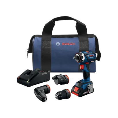 Perfeito. Aqui está a tradução:

Perceuse Bosch GSR18V-535FC avec plusieurs accessoires, chargeur et sac bleu, le tout estampillé du logo Bosch.