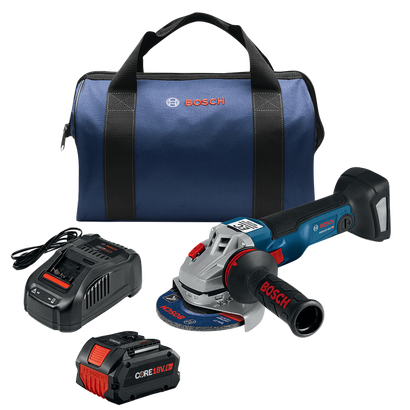 Meuleuse angulaire Bosch GWS18V-43C, chargeur, batterie et coffret de transport ; texte visible « BOSCH », « CORE18V ».