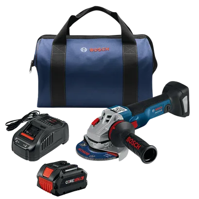 Meuleuse angulaire Bosch GWS18V-43C, chargeur, batterie et coffret de transport ; texte visible « BOSCH », « CORE18V ».