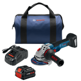 Meuleuse angulaire Bosch GWS18V-43C, chargeur, batterie et coffret de transport ; texte visible « BOSCH », « CORE18V ».