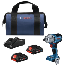 Sacoche à outils Bosch, chargeur, deux batteries CORE18V 4.0 et boulonneuse à chocs Bosch GDS18V-330PC.